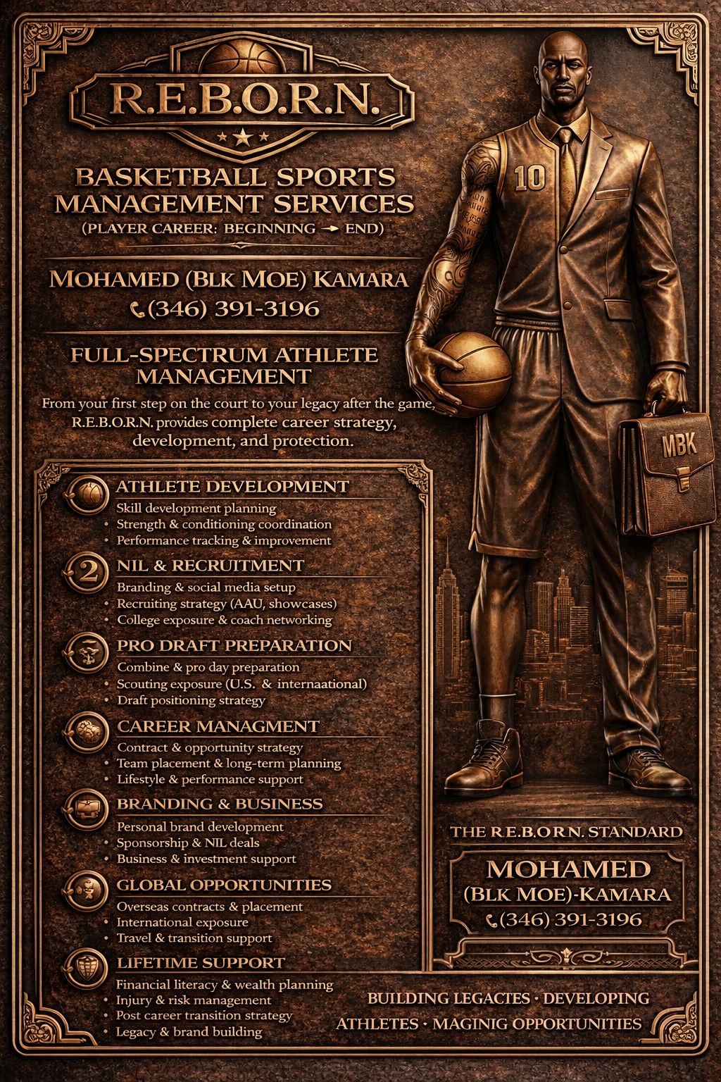 Bronze sculpture of a basketball player in a suit and jersey holding a basketball and briefcase